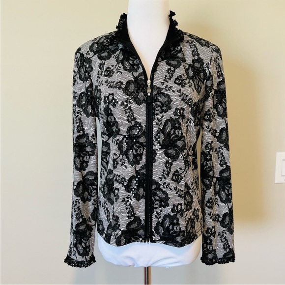 JOSEPH RIBKOFF Black Lace Sequin Zip Up Blazer Coat 10 - Picture 3 of 6